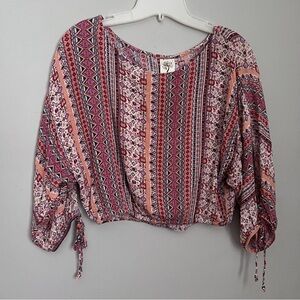 Self Esteem Multicolored 3/4 Open Sleeve w/Ties Crop Blouse Size Small EUC
